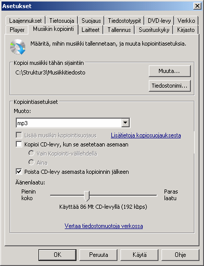 Jos Media Player päivitetään uudempaan versioon, muuttaa päivitys asetuksia ja ne on tehtävä uudelleen. Uusimman version löytää Microsoftin sivuilta netistä http://www.microsoft.