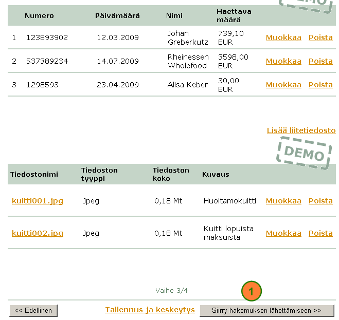 31 Kuittien tiedot voi ladata järjestelmään myös Excel-tiedoston kautta. Hakemukseen tulee lisätä skannattuna niiden laskujen kopiot, jotka hakemuksen kohdemaa vaatii lisättävän.