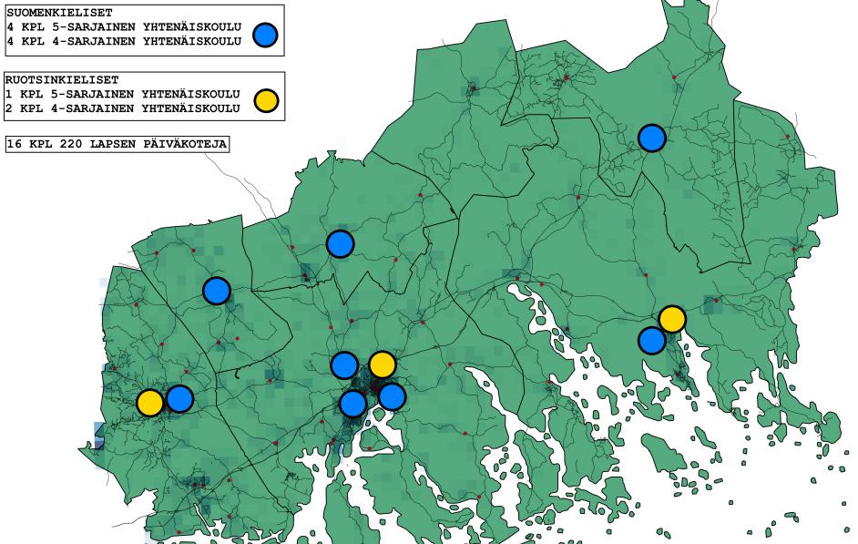 ITÄ-UUDENMAAN KUNNAN PALVELUVERKKOSELVITYS 49 Tiivis malli Tiiviissä mallissa on 11 koulua ja 16 päiväkotia. Mallivaihtoehdossa on kolme ruotsinkielistä ja kahdeksan suomenkielistä yhtenäiskoulua.