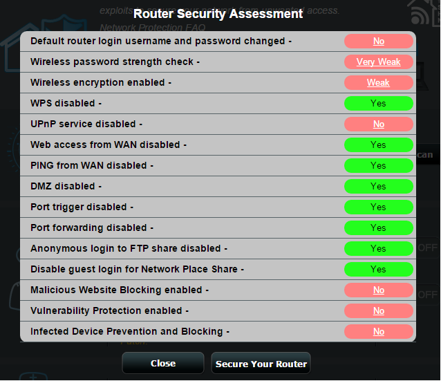 TÄRKEÄÄ! Kohteilla, joilla on Yes (Kyllä) -merkintä Router Security Assessment (Reitittimen suojauksen arviointi) -sivulla, katsotaan olevan safe (turvallinen) -tilassa.