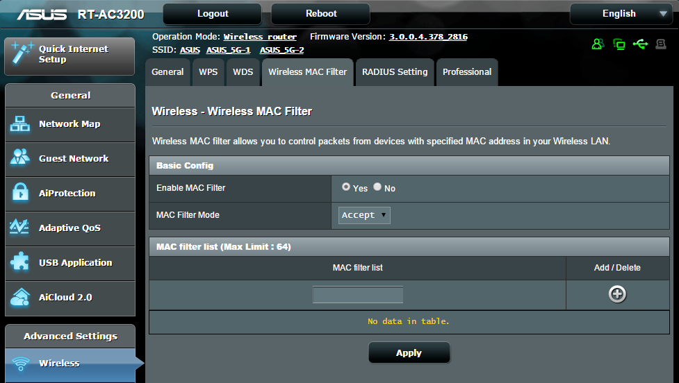 4.1.4 Wireless MAC Filter Wireless MAC filter provides control over packets transmitted to a specified MAC (Media Access Control) address on your wireless network.