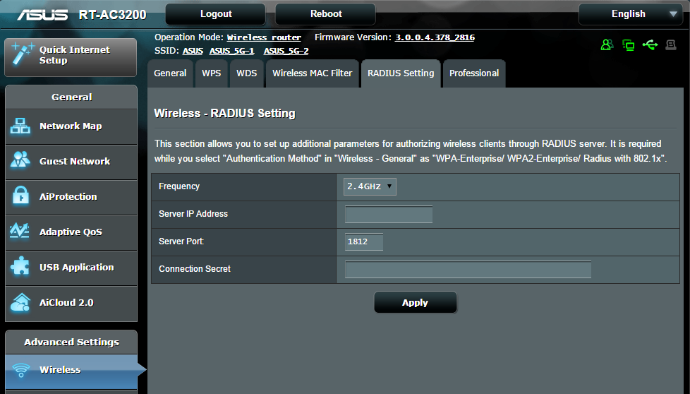 4.1.5 RADIUS-asetus RADIUS (Remote Authentication Dial In User Service) -asetus tarjoaa ylimääräisen suojaustason, kun valitset tunnistustavaksi WPA-Enterprisen, WPA2-Enterprisen tai Radius ja 802.