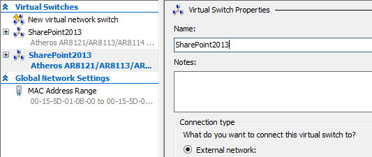 If an external virtual switch exists already, write its name down and use it later in the exercise. 2. Muuten valitse External and click Create Virtual Switch.