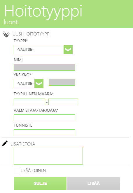 Hoitotyypit Tähän kohtaan voit lisätä lääkkeet tai hoidot, joiden käyttöä haluat seurata. Seuraavassa esimerkissä kuvataan kuinka voit lisätä asetuksiisi nopeavaikutteisen insuliinin seurannan.