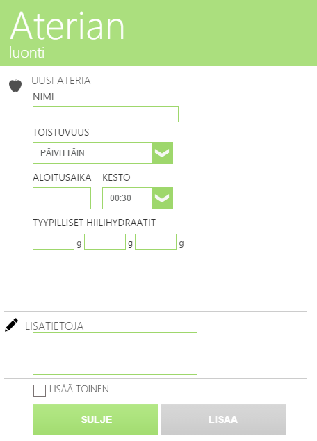 ESIMERKKI Aamupalan lisääminen ateria-asetuksiin 1. Valitse LISÄÄ kuvan 8 näkymässä aikataulutettujen aterioiden alla. 2. Näytölle avautuu kuvan 9 mukainen asetusikkuna.