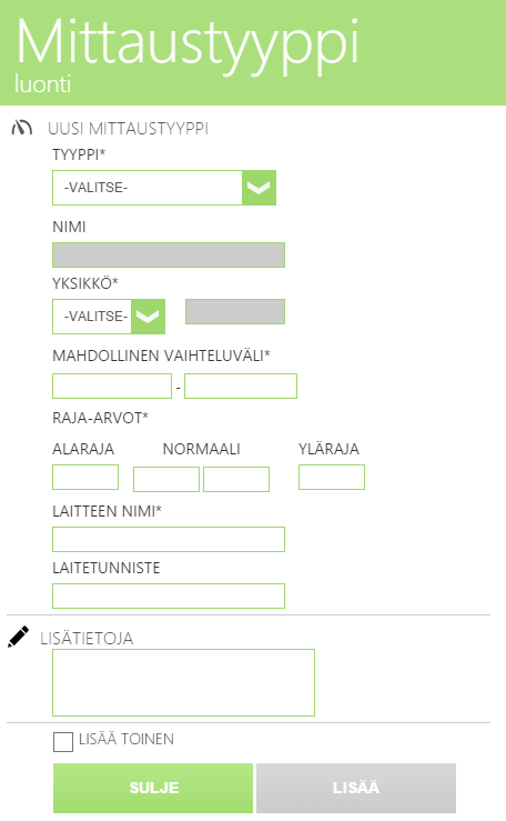 Mittaustyypit Lisää sellaisten mittausten tiedot, joita haluat seurata. Seuraavassa esimerkissä kuvataan kuinka voit lisätä asetuksiisi verensokerimittauksen.