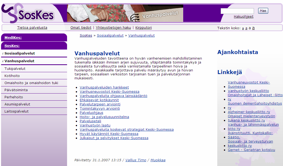 Kuva 2: Näkymä vanhuspalveluiden sivusta