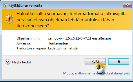 XAMPPin asennus XAMPP-asennus aloitetaan menemällä ohjelmistopaketin sivustolle: https://www.apachefriends.org/index.