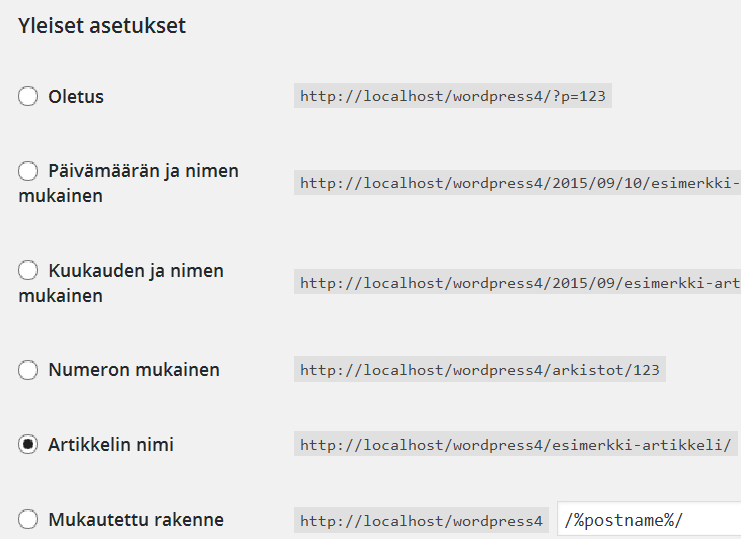 5.6 Osoiterakenteen asetukset Tämä kohta on sivujen löydettävyyden kannalta hyvin merkittävä. Hakukoneille on ongelma päätellä, mitä mahtaa sisältää artikkeli?p=11.