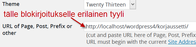 Säädetään teemat kohdilleen kyseisen liitännäisen asetuksista. Sitten valitaan aloitusivulle sivupohja. Nyt jopa yksittäiselle blogikirjoitukselle voi valita erilaisen ulkoasun. 13.