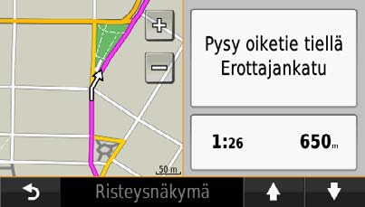 Seuraavan käännöksen sivun tarkasteleminen Kun navigoit autoilureittiä, seuraavan käännöksen, kaistanvaihdon tai muun ohjausliikkeen esikatselu näkyy kartan vasemmassa yläkulmassa.