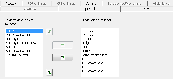 Osio 9: Asiakirjojen tallentaminen PAPERIKOKO Paperikoko-valinnat antavat mahdollisuuden määrittää, mihin paperikokoon (esim. A4, Letter, Legal) kohdeasiakirjat luodaan.