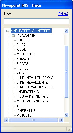 137(162) Väylän nimi -otsikkoa klikkaamalla saadaan lista väylistä, joilla on varusteita ja laitteita.