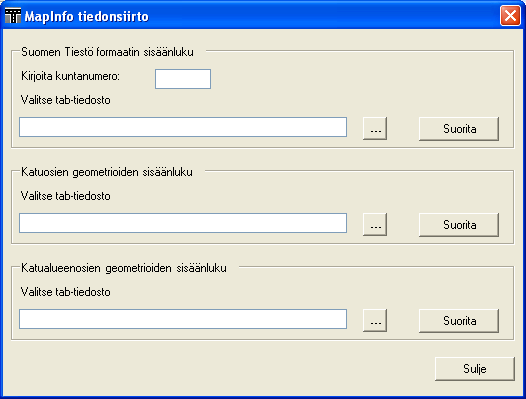 31(162) 1.15. MapInfo tiedonsiirto -ikkuna MapInfo tiedonsiirto -ikkunassa on kolme eri tarkoitukseen tarkoitettua sisäänlukutoimintoa.