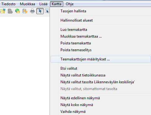 70(162) 3.4.5 Teemakartan määritysten muokkaustyökalu Toiminnolla voi muokata, poistaa ja lisätä teemakarttojen määrityksiä.