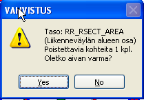 79(162) Käyttäjä painaa Delete -näppäintä näppäimistössään. 3.16. Katualueenosan poistaminen Karttakohteiden poistaminen ei ole aina sallittua.