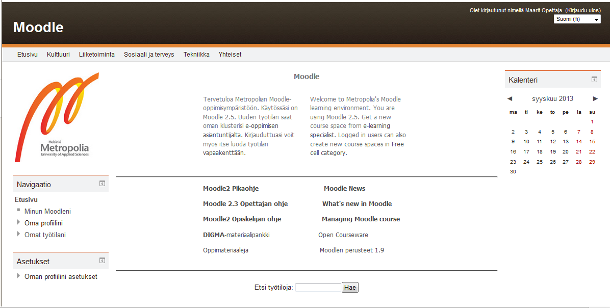 4 1.3 Etusivu Kun on kirjautunut Moodleen, ohjautuu Moodlen etusivulle.