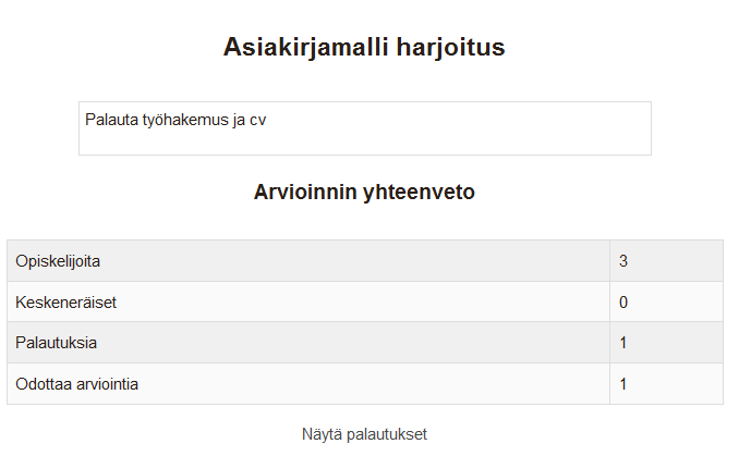 131 7.9.1 Tehtävän arviointi Tehtävän arvioinnissa opettaja antaa arvosanan ja mahdollisen kirjallisen palautteen tekstikenttään, jos tehtävän asetuksissa on valittu palautteen kommentit asetuksissa.