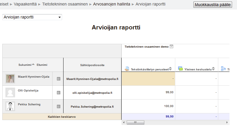 135 7.9.1.3 Arvioiminen arvioijan näkymässä Tehtäviä pääsee arviomaan myös arvioijan näkymässä.