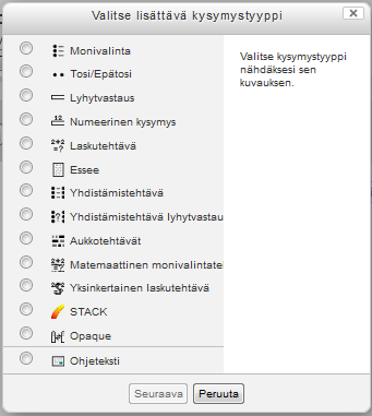 144 4. Napsauta Lisää kysymys-painiketta. 4. 5. Valitse ikkunasta kysymystyyppi. 6.