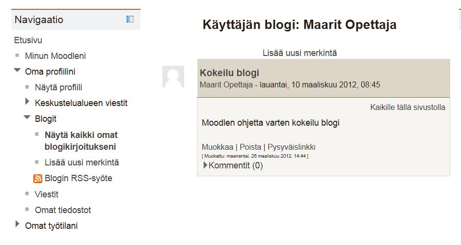 12 1.8 Blogi Moodlessa on blogi-työkalu, joka on käyttäjän profiilissa.