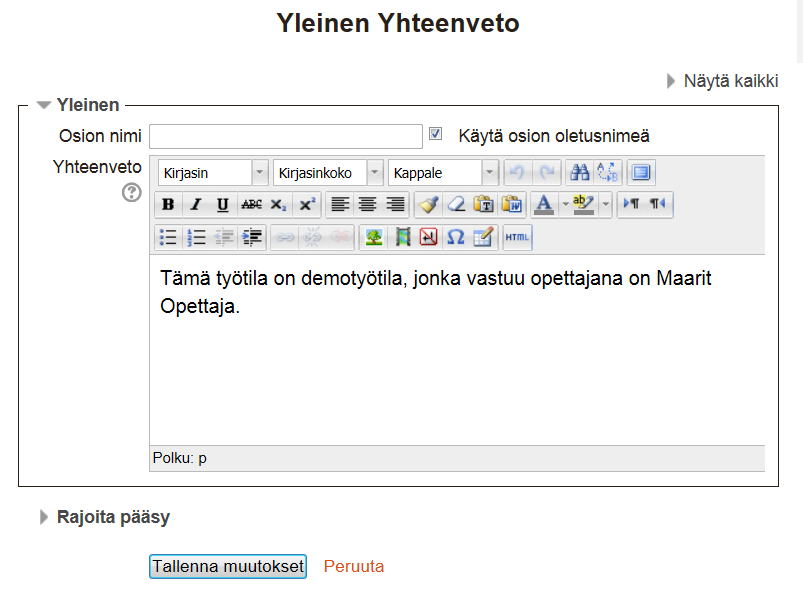 63 5.2 Työtilan ja aihealueiden tiivistelmät Työtilan tiivistelmän luodaan napsauttamalla -kuvaketta ylimmässä aihealueessa. Työtilan yleisessä yhteenveto -ikkunassa 1.