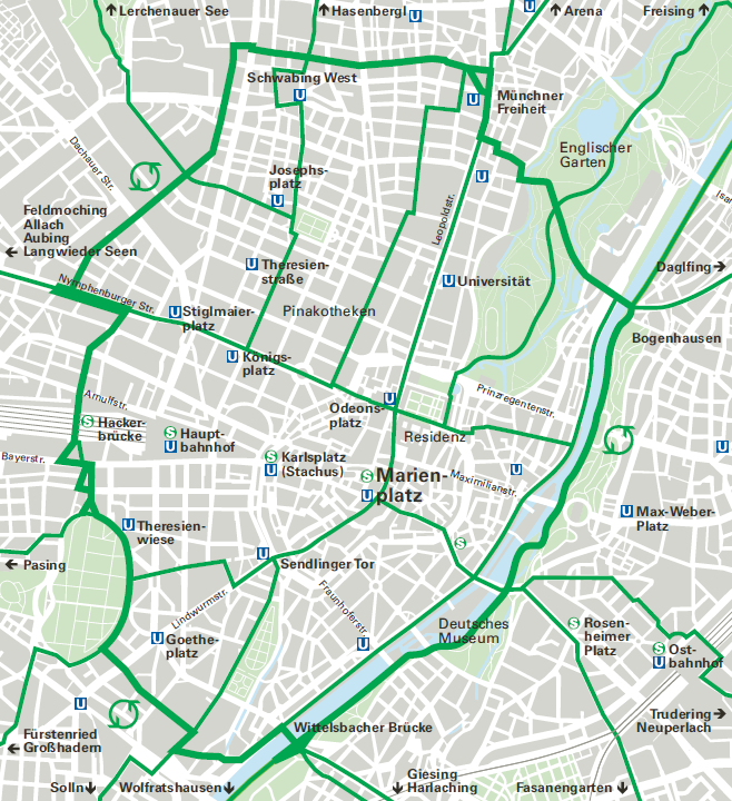 Kuva 35. Münchenin keskustan opastussuunnitelma. (Lonhard 2007) 4.4.3. Opasteet Münchenin kaupunki on valinnut ensisijaiseksi opastetyypiksi tauluopasteet.