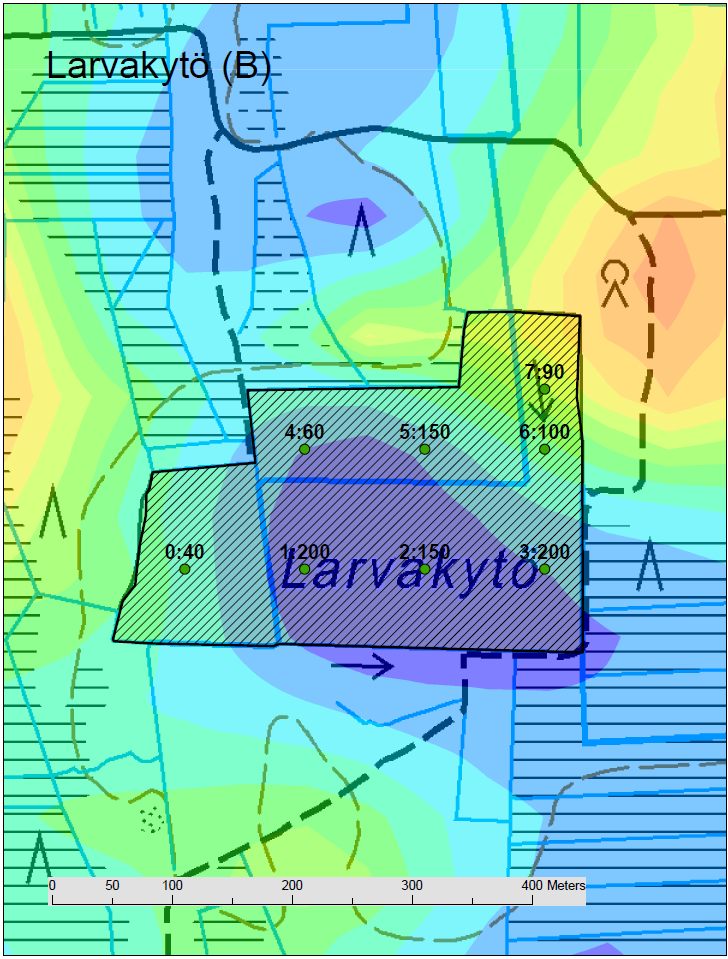 Kuva 16. Larvakydön suopellolla tutkitut pisteet ja turpeen paksuudet.