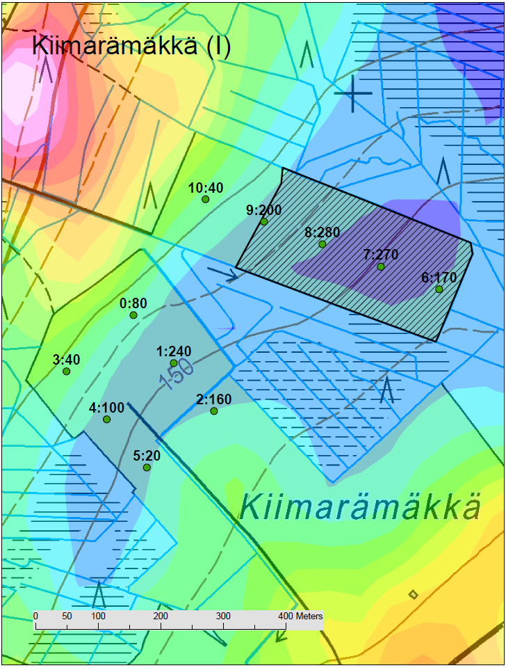 Kuva 23. Kiimarämäkän suopellolla tutkitut pisteet ja turpeen paksuudet.