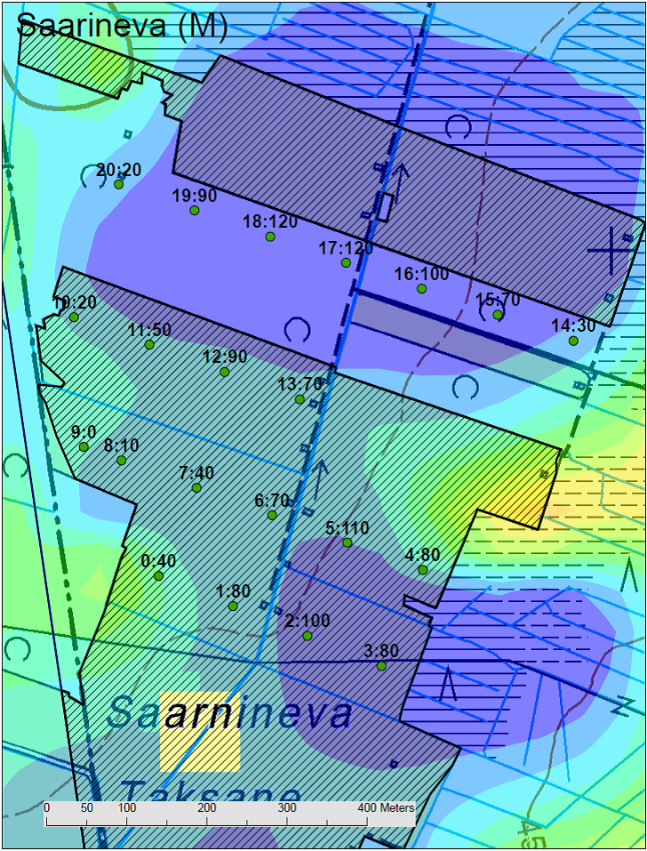 Kuva 27. Saarinevan suopellolla tutkitut pisteet ja turpeen paksuudet.