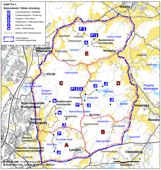 Kuva 2. Sipoonkorpi ja kysymyslomakkeen käyntikohteita varten laadittu aluejako. A = Storträskin alue, B = Hältingträskin alue, C = Bisajärven alue, D = Fiskträskin alue, E = Hindsbyn alue.
