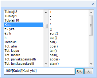 Esimerkissä on Numero 01 kentälle annettu otsikoksi Kate-% ja kaavaksi 100*[Kate]/[Kust yht.] ja tuloksena saadaan tehtäväkohtainen kate-%.