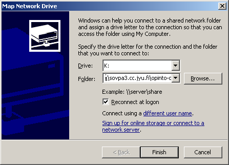 Käyttöympäristö Verkkolevy Verkkolevyn mappaus windowsin komentorivillä esim: net use l: \\sovpa3.cc.jyu.