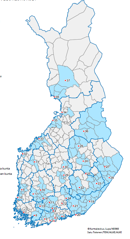 TE-toimistot ja vanhat TYP:t (38 kpl) Uudenmaan TE-toimisto (6): Espoo, Helsinki, Hiiden seutu, Pohjois- Uusimaa, Porvoon seutu, Vantaa Varsinais-Suomen TE-toimisto (1): Salon seutu (Turku ei