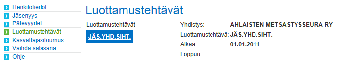 Suomen Kennelliitto ry. 16.5.2014 7(32) Pätevyydet ja luottamustehtävät Pätevyys- ja luottamustehtäväsi löydät vasemmasta valikosta. Niitä et voi itse muuttaa.