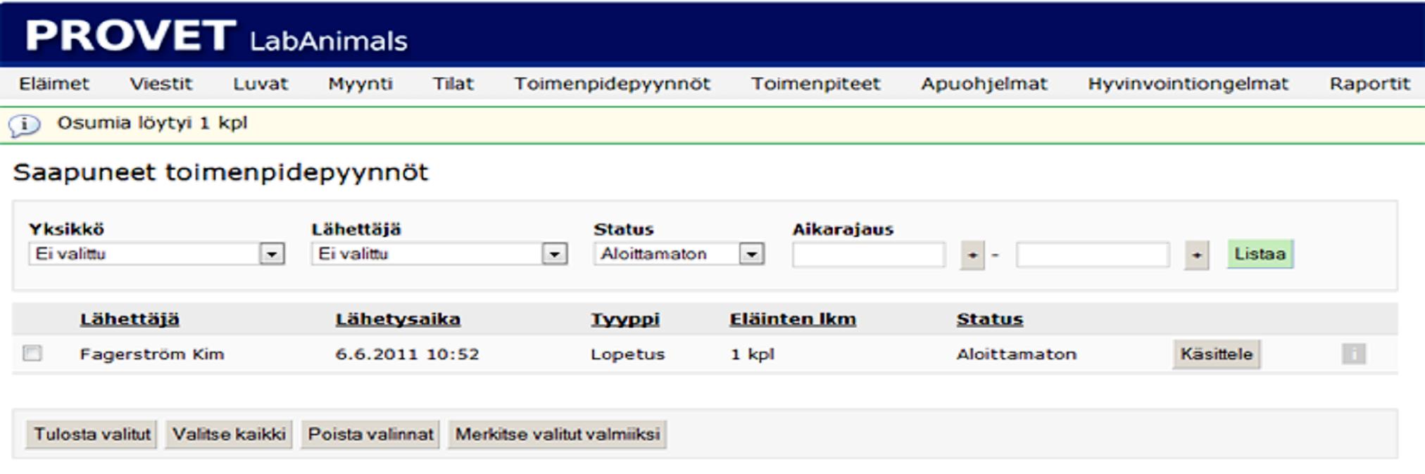 _ 8. Tilat Toiminnolla voidaan katsella eri koe-eläinkeskuksen tilojen käyttöastetta. Toiminnolla myös nähdään yleiskatsaus siihen mitä eläimiä missäkin häkissä on. 9.