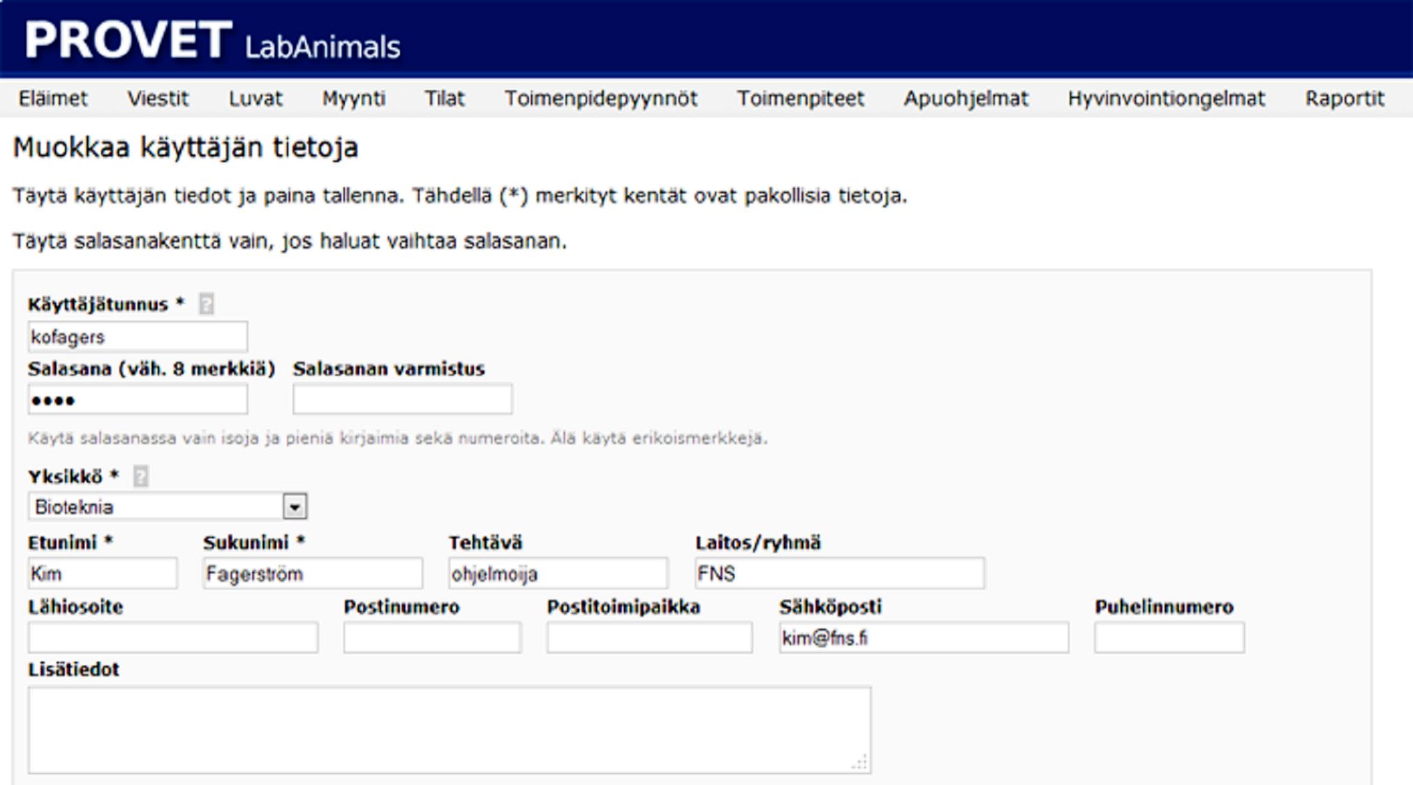 _ Käyttäjähallinta Käyttäjähallinnan kautta voidaan muokata järjestelmässä olevien käyttäjien tietoja.