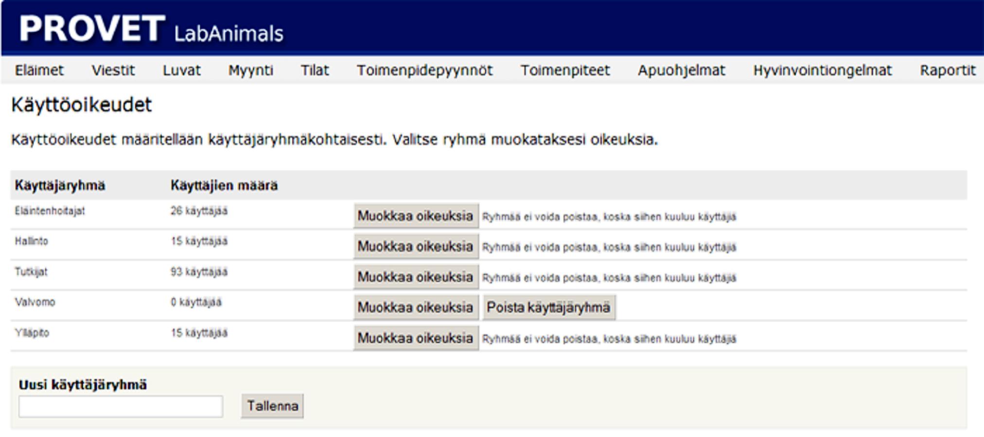 _ Käyttöoikeudet Käyttöoikeuksista määritetään, mitä järjestelmän toimintoja käyttäjä saa käyttöönsä.