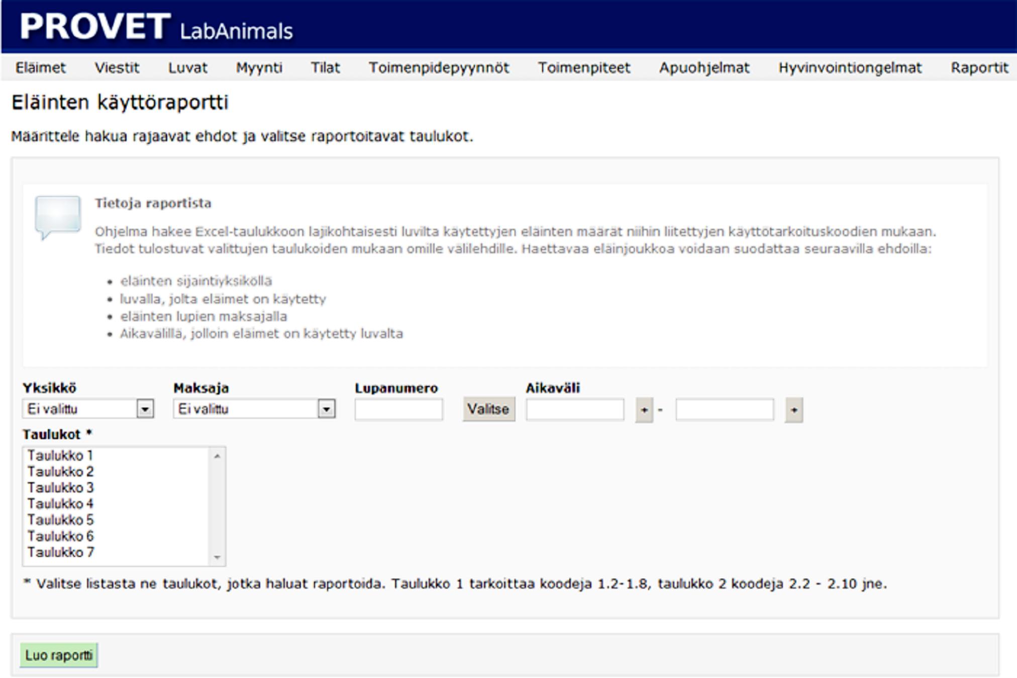 _ 12. Raportit Seuraavassa esitellään muutamia keskeisimpiä ohjelman raportteja. Käyttöraportti Käyttöraporttitoiminnolla voidaan luoda Excel -raportteja eläinten käytöstä.