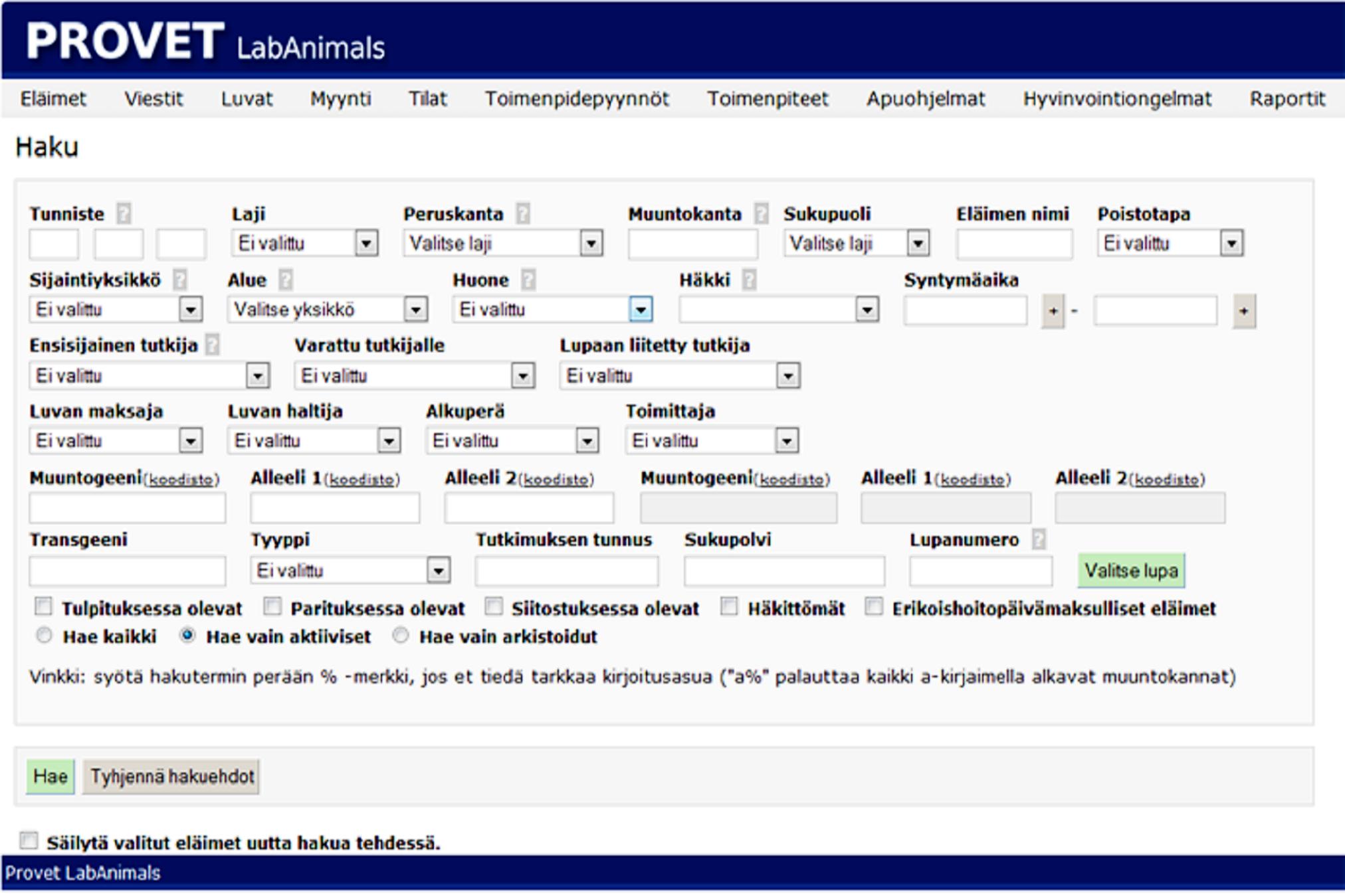 _ 3. Eläimet Eläimet valikon alta voidaan hakea eläimiä ja siirtyä hakutulosten kautta eläimen tietojen käsittelyyn. Eläimet valikosta voidaan myös lisätä järjestelmään eläimiä.