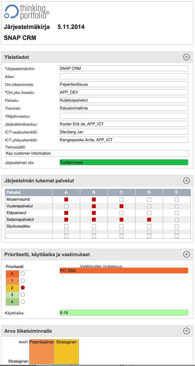 Raportointi - näkymät salkkuun Thinking Portfolio -raportit kiteyttävät johdolle salkun nykytilanteen ja tulevaisuuden. Jokaisesta sovelluksesta on tulostettavissa ns. Järjestelmäkirja (kuva 14).