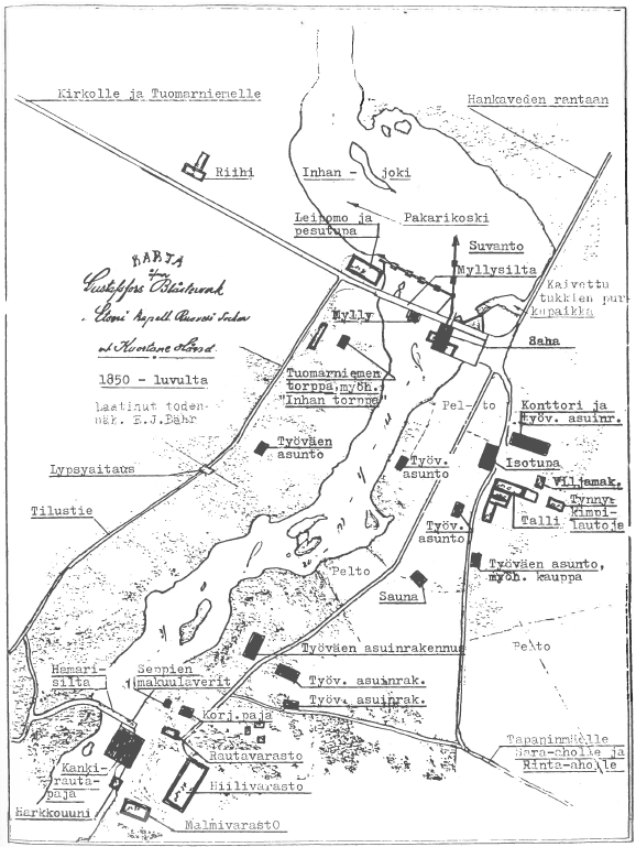 Pohjanmaan maanmittaustoimisto PÖYTÄKIRJAN LIITE 4 2 (14) 1850-luvulla laaditusta kartasta ilmenee Inhankoskessa olleet rakenteet, kts. kuva 1. Kartan mukaan Inhankosken vesivoima oli kokonaan em.