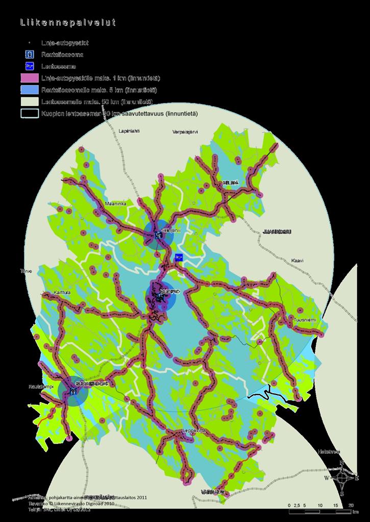 Liikennepalvelut Teoreettinen kattavuus: 13 % alueen asukkaista asuu 1 km säteellä rautatieasemasta (52 % 5