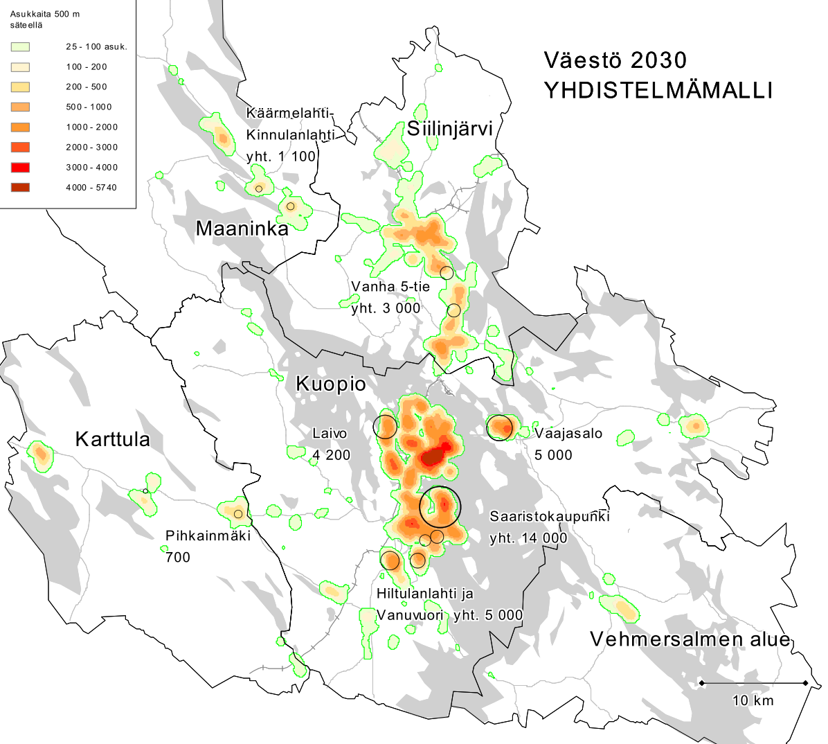 Kuopion seudun maakuntakaavan mukaiset uudet asuinalueet (yhdistelmämalli) Kuopio: Vaajasalo (5000 as), Laivo (4200 as), Hiltulanlahti (3000 as), Vanuvuori (2000 as.