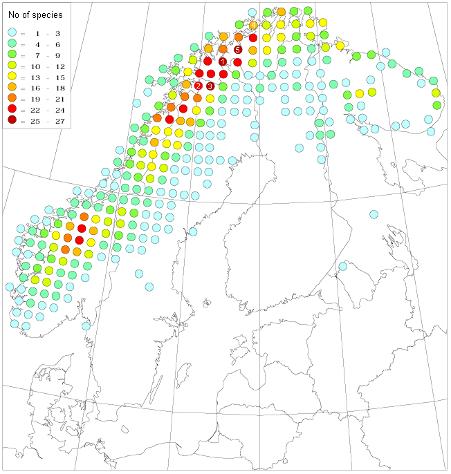 Kalkista hyötyvien tunturikasvien esiintyminen Pohjoismaissa Tutkimusalueet: 1. Pikku-Malla, Iso- Malla ja Saana 2.