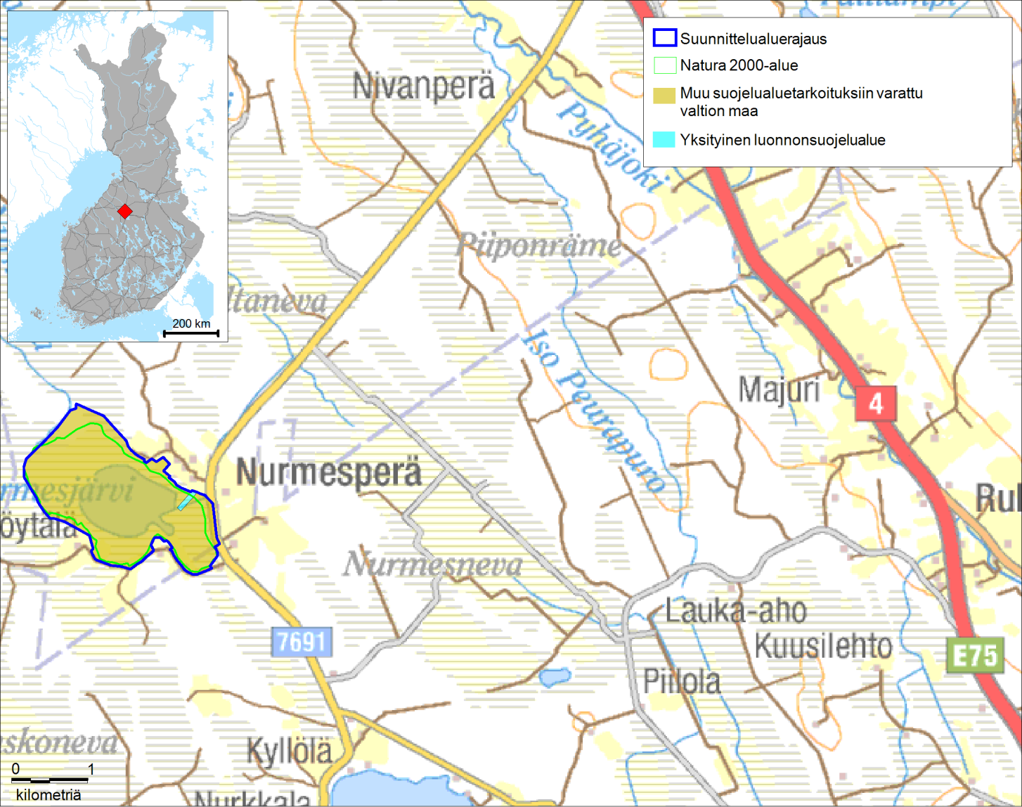 Kuva 1. Suunnittelualueen sijainti, Natura-alue ja yksityinen suojelualue.