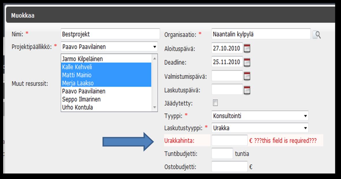 27 Kuva 6. Urakkahinnan puuttumisen virheilmoitus.