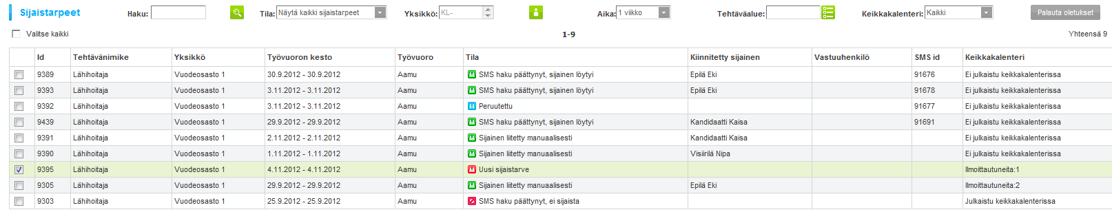 Tiedotus keikkakalenterissa ilmoittautumisesta Sijaisrekisterin viestiasetuksissa kaksi uutta