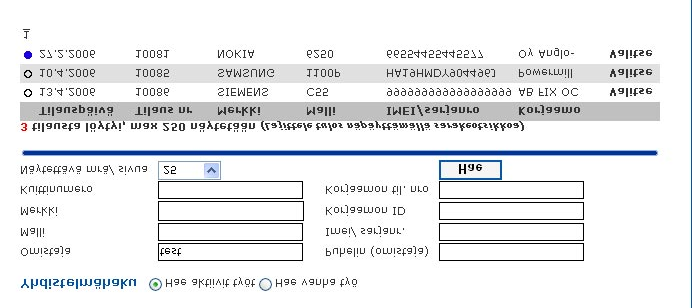 Etsi tilaus Yhdistelmähaku Valitse hakukriteerit ja paina Etsi voit hakea * ja % merkkien avulla. * täyttämällä vain * kaikki tilaukset näkyvät. % kun tunnet vain esim. mallin alun: Nok%?