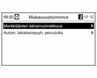 Mittarit ja käyttölaitteet 101 Autom. takalasin lämmitys: Takalasin lämmityksen automaattinen aktivointi. Mukavuustoiminnot Merkkiäänten äänenvoimakkuus: Varoitusäänien äänenvoimakkuuden muuttaminen.